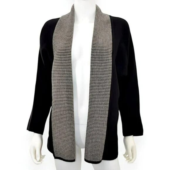 Chicos Black White Houndstooth Contrast Color Block Cardigan Sweater Blazer 1 M - Picture 1 of 5